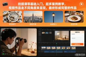 拍攝課零基礎(chǔ)入門,超多案例教學(xué),視頻作品走不同角度來呈現(xiàn),最終形成完整的作品